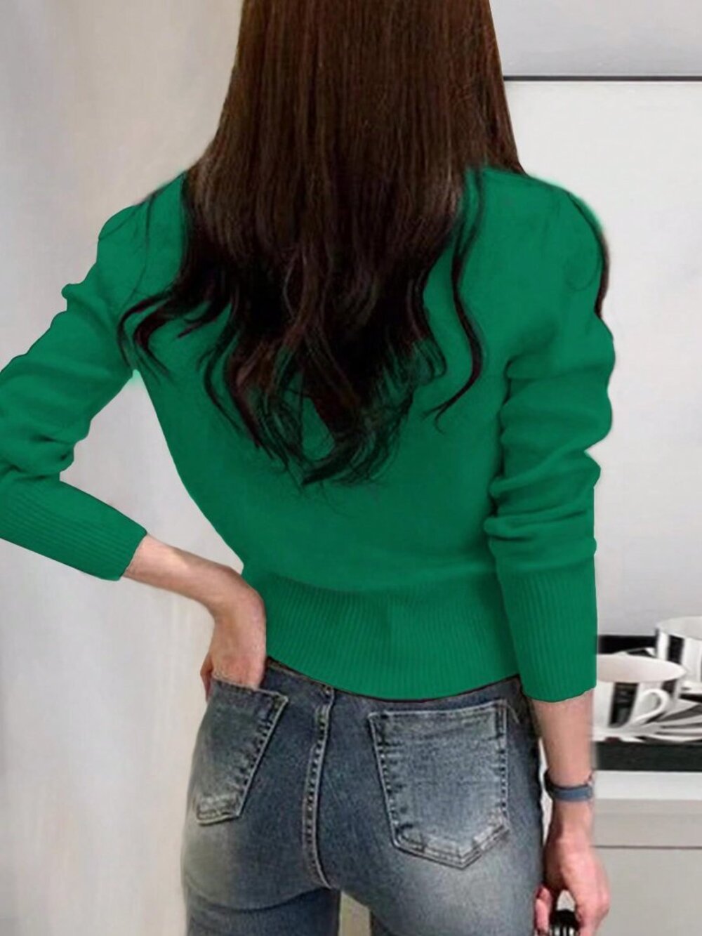 Green Casual Womens Long Sleeve Knitted Ribbed Button Front Faux Pocket Cardigan - Picture 2 of 5